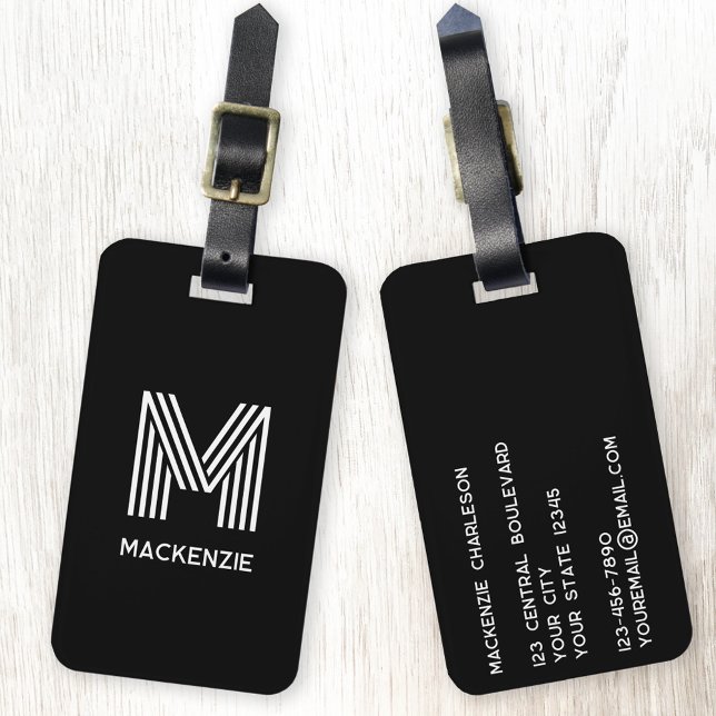 Monogram Initial Namn Simple Black and White Bagagebricka (Modern striped monogram initial custom name personalized luggage tag)