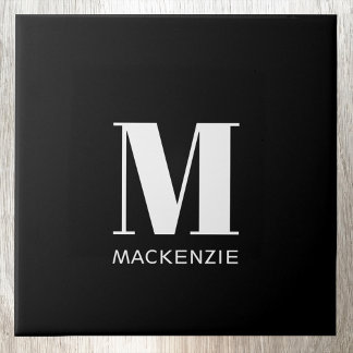 Monogram Initial Namn Simple Black and White Kakelplatta