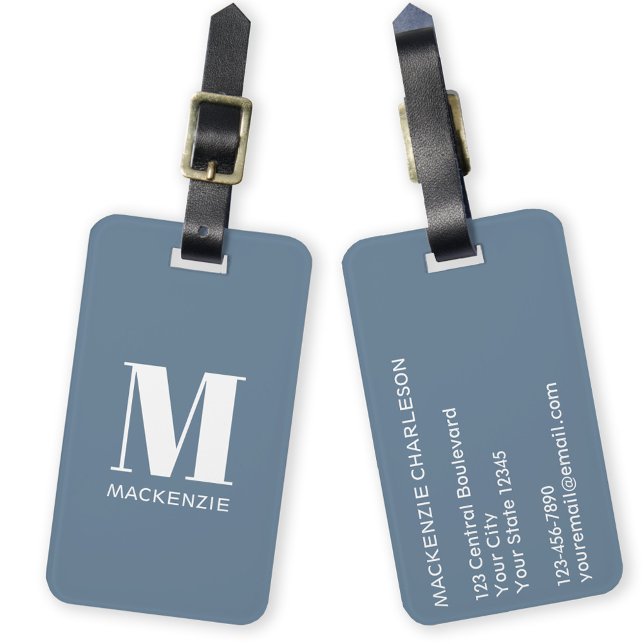Monogram Initial Namn Simple Dusty Blue Bagagebricka (Monogram initial custom name modern personalized minimalist luggage tag)