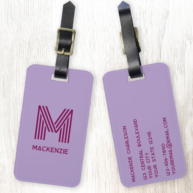Monogram Initial Namn Simple Lilac Cherry Rosa Bagagebricka (Modern striped monogram initial custom name personalized luggage tag)