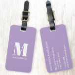 Monogram Initial Namn Simple Pastel Lilac Bagagebricka<br><div class="desc">Modern typografi,  minimalistisk första utformning av namn i vitt på pastelllilak lila,  som kan ändras till personlig anpassning.</div>