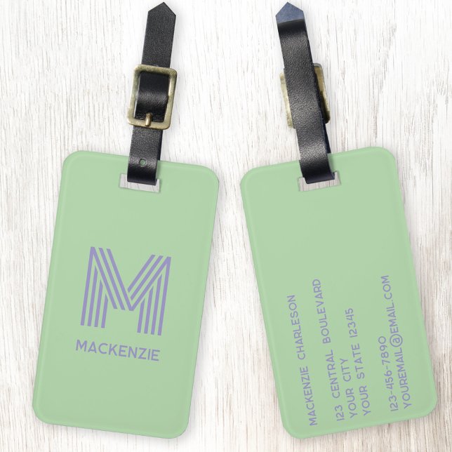 Monogram Initial Namn Simple Pistachio Lilac Bagagebricka (Modern striped monogram initial custom name personalized luggage tag)