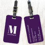 Monogram Initial Namn Simple Plum Lila Bagagebricka<br><div class="desc">Modern typografi,  minimalistisk,  första namn-utformning i vitt på lila av plommon i mörk,  som kan ändras till personlig anpassning.</div>