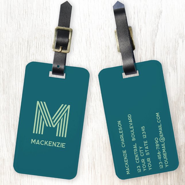Monogram Initial Namn Simple Teal Pistachio Grönt Bagagebricka (Modern striped monogram initial custom name personalized luggage tag)