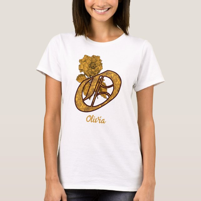 Monogram initial O Guld Peony Personlig T Shirt (Framsida)