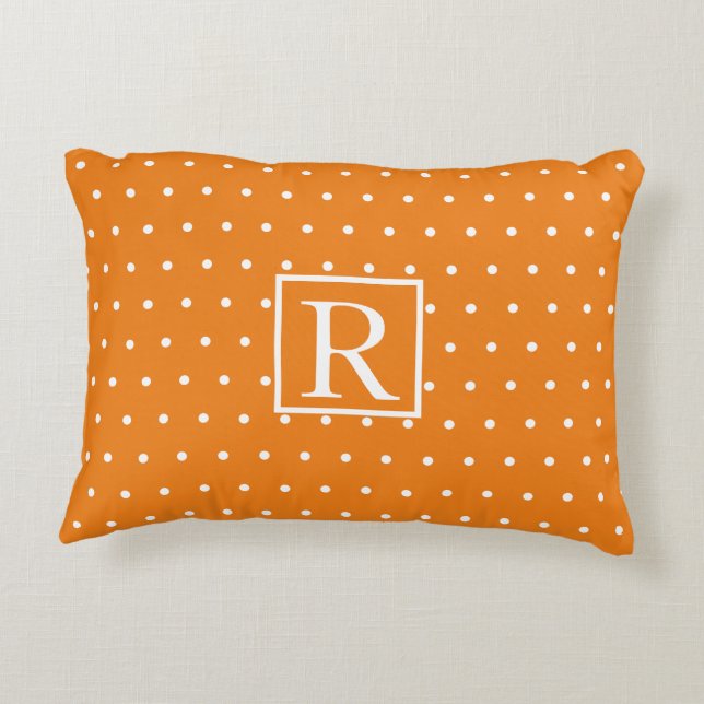 Monogram Initial Orange Vit Polka dots Cute Prydnadskudde (Baksidan)