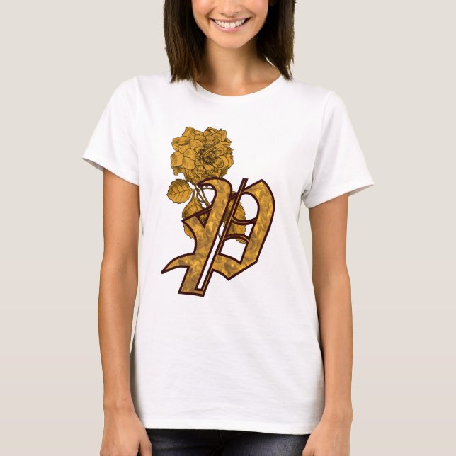 Monogram initial P Elegant guldpeonyblomma  T Shirt (Framsida)