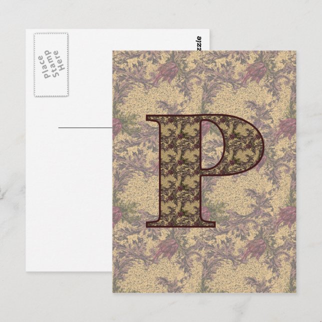 Monogram initial P Elegant Vintage Blommig  Vykort (Fram/baksida)