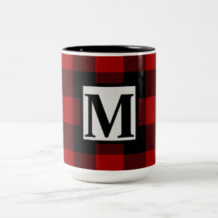 Monogram Initial på Red and Black Buffalo Play Två-Tonad Mugg