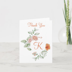 Monogram initial persika grön blommig tack anteckningskort