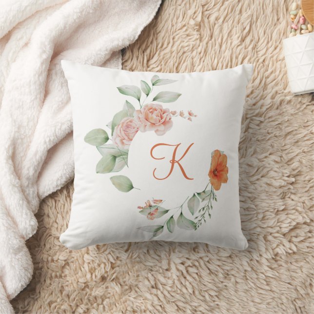 Monogram initial persika korallgrön blomster elega kudde (Filt)