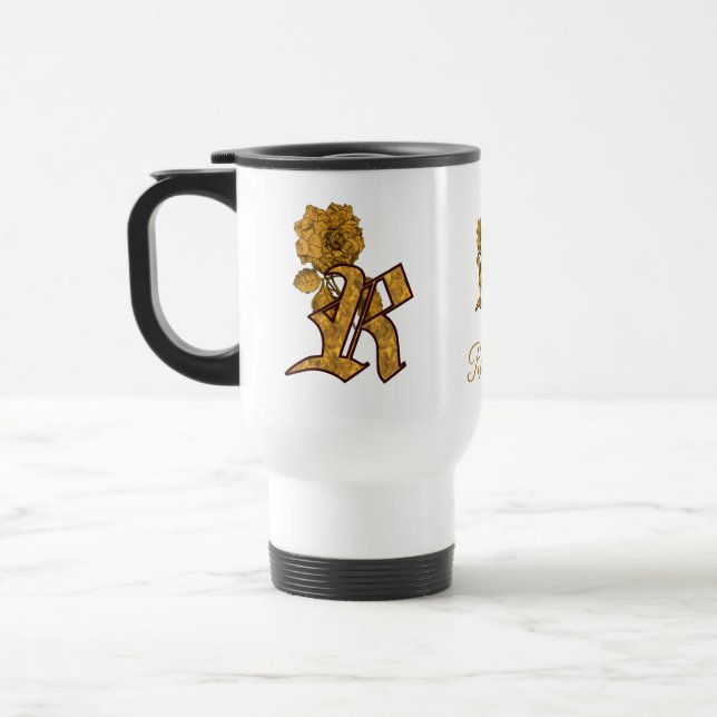 Monogram initial R Elegant guld peony Personlig Resemugg (Vänster)