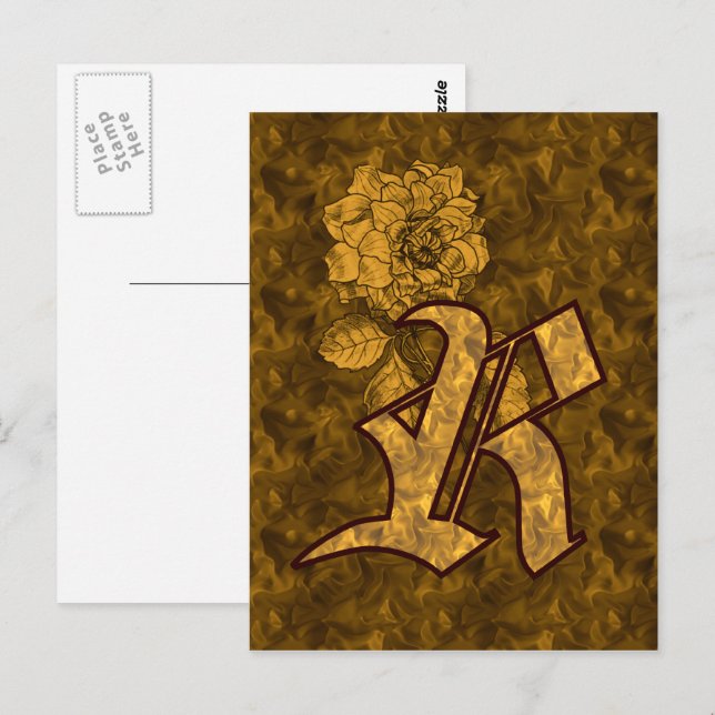 Monogram initial R Elegant guldpeonyblomma  Vykort (Fram/baksida)