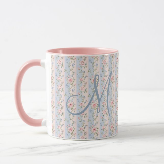 Monogram initial rosa blå randiga blommande rosor  mugg (Vänster)