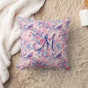 Monogram initial rosa blå Toile blommor Fåglar Kudde