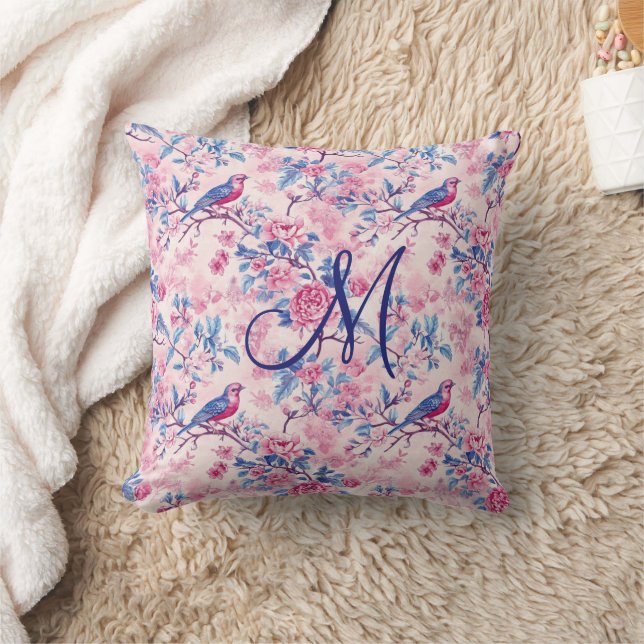 Monogram initial rosa blå Toile blommor Fåglar Kudde (Filt)
