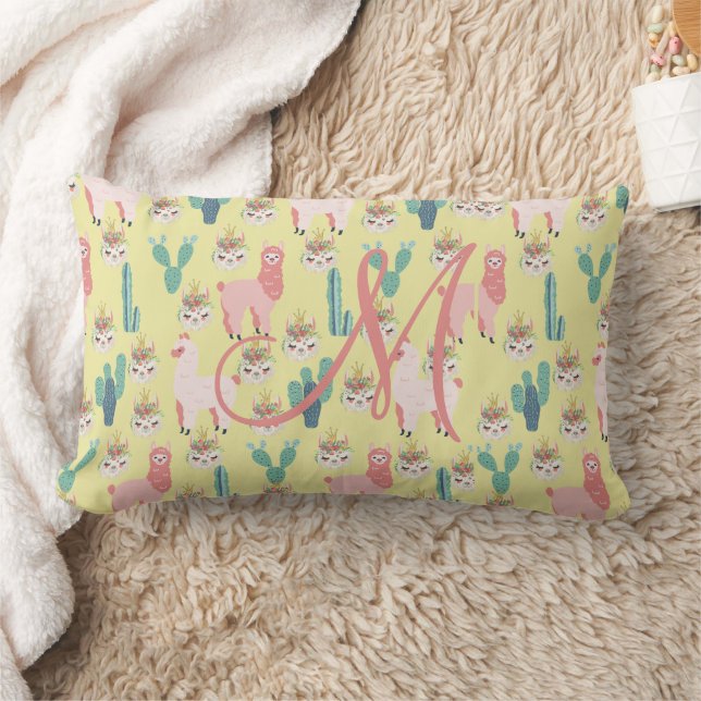Monogram initial rosa gul lama barnkammare för hen lumbarkudde (Filt)