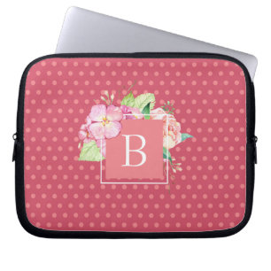 Monogram initial rosa prickar & rosa korall blom- laptop fodral