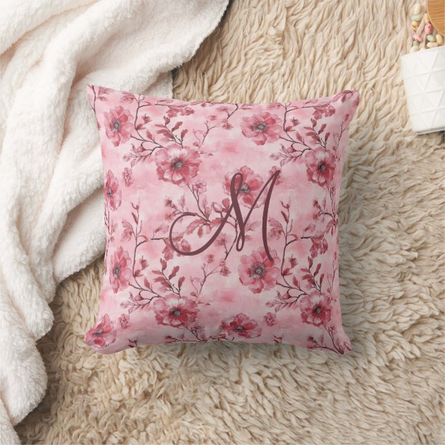 Monogram initial rosa ros burgunder blommor kudde (Filt)