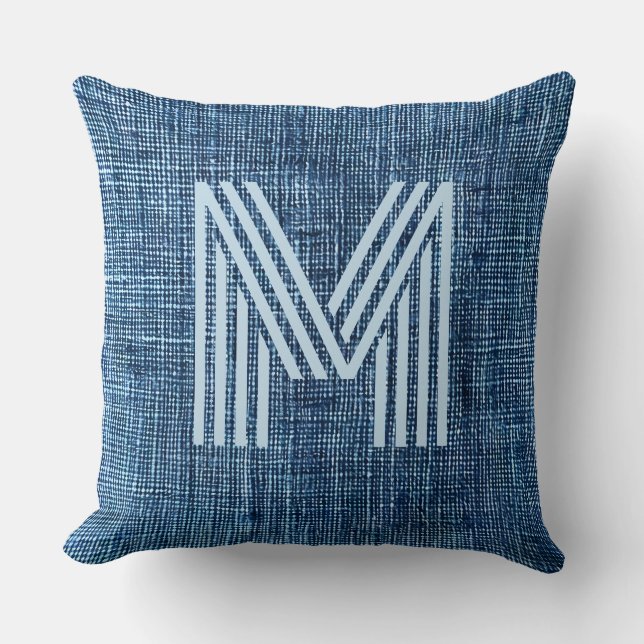 Monogram Initial Rustic Blue Denim Large Kudde (Framsida)