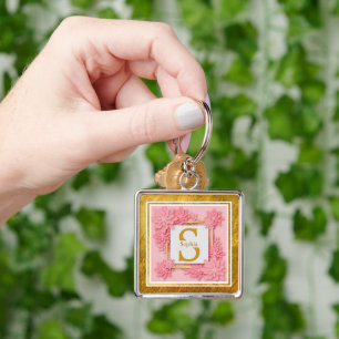 Monogram initial "S" Blommig - Rosa rosor & Guld Fyrkantig Silverfärgad Nyckelring