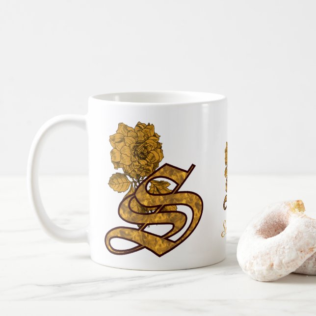 Monogram initial S Elegant guld peony Personlig Kaffemugg (Med munk)