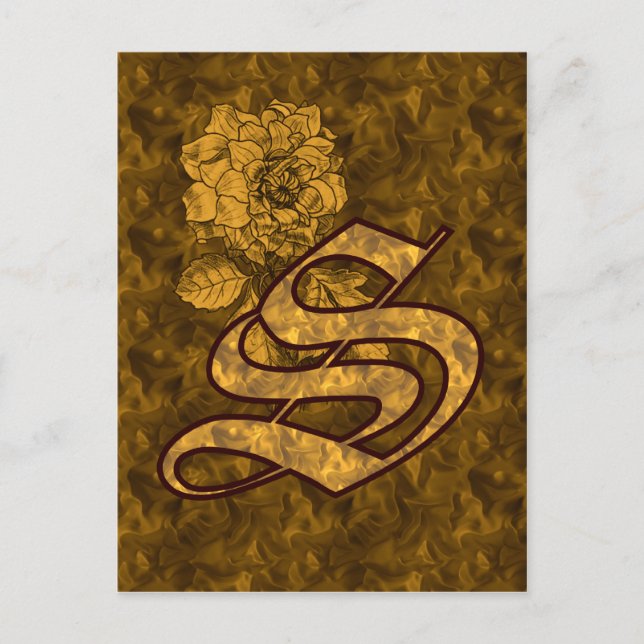 Monogram Initial S Elegant Guld Pion Blomma Vykort (Framsida)