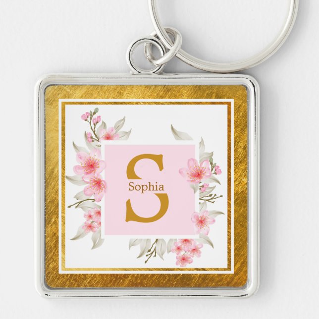 Monogram Initial "S" Floral - Pink Roses & Gold Fyrkantig Silverfärgad Nyckelring (Framsidan)