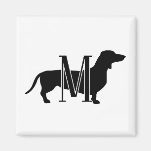 Monogram Initial Svart & Vitt Doxie Silhuett Magnet
