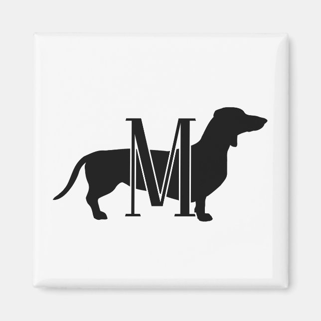Monogram Initial Svart & Vitt Doxie Silhuett  Magnet (Framsidan)