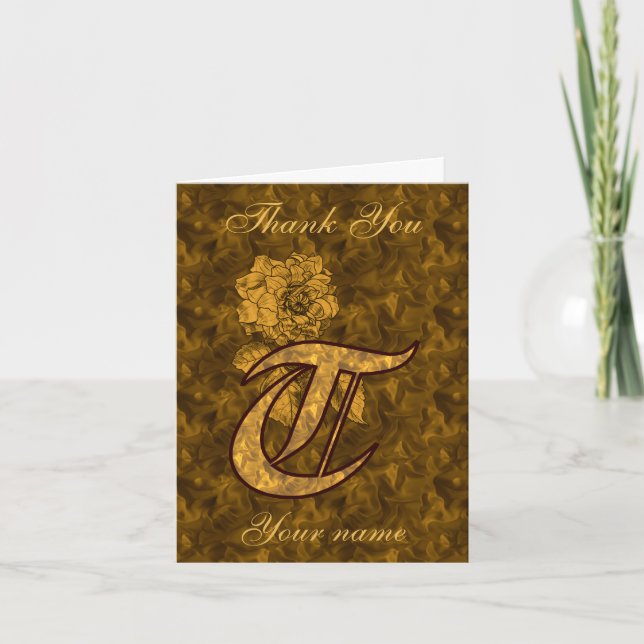 Monogram initial T Guld Satin Pion Personlig Tack Kort (Framsida)