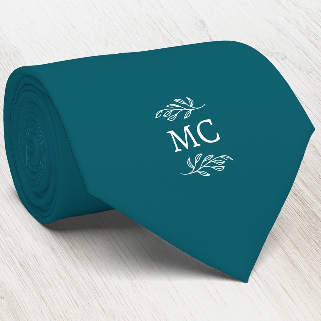 Monogram Initial Vapenstämpel Botanisk Blad Tealgr Slips (Simple botanical leaf monogram initials personalized crest neck tie)
