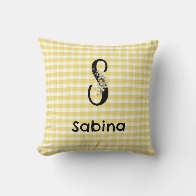 Monogram initial vattenfärg blomma gingham mönster kudde (Framsida)