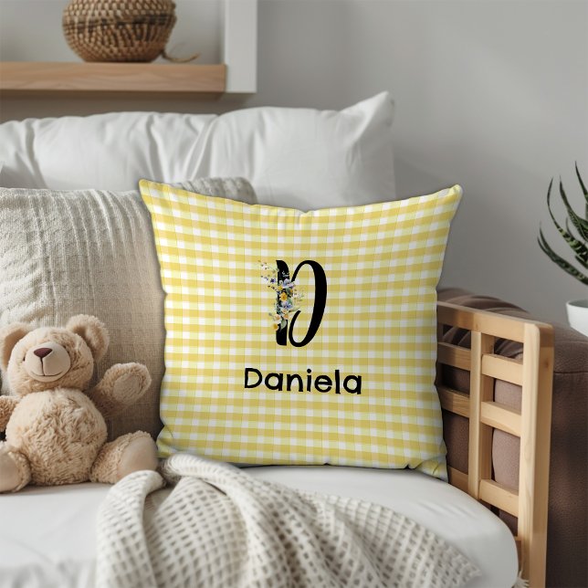 Monogram initial vattenfärg blomma gingham mönster kudde (Skapare uppladdad)