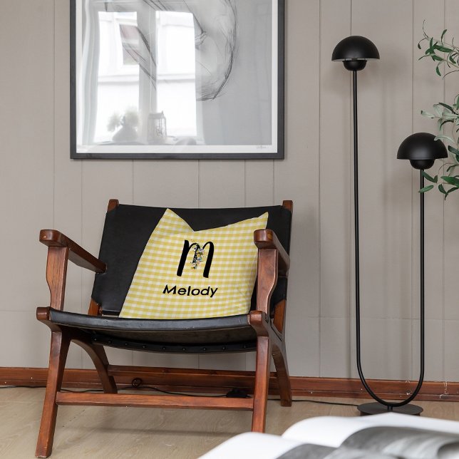 Monogram initial vattenfärg blomma gingham mönster kudde (Skapare uppladdad)