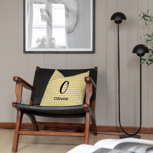 Monogram initial vattenfärg blomma gingham mönster kudde