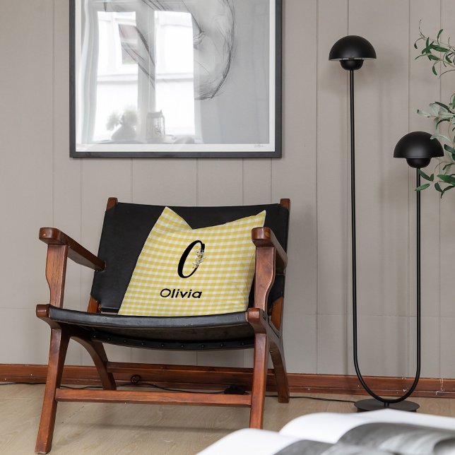 Monogram initial vattenfärg blomma gingham mönster kudde (Skapare uppladdad)