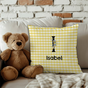 Monogram initial vattenfärg blomma gingham mönster kudde