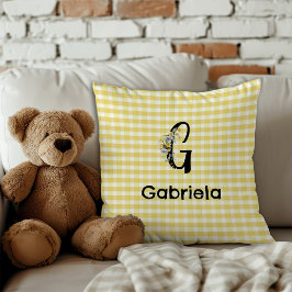 Monogram initial vattenfärg blomma gingham mönster kudde