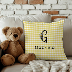 Monogram initial vattenfärg blomma gingham mönster kudde