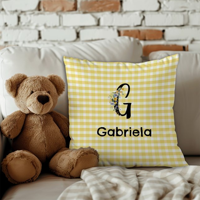Monogram initial vattenfärg blomma gingham mönster kudde (Skapare uppladdad)