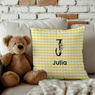Monogram initial vattenfärg blomma gingham mönster kudde