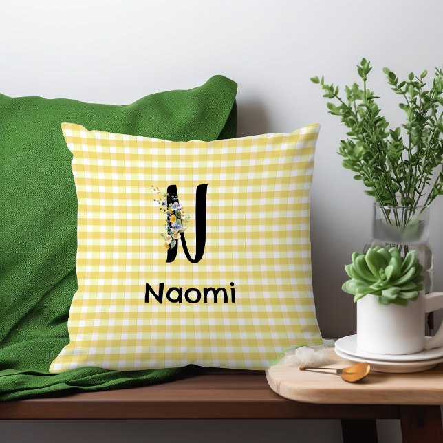 Monogram initial vattenfärg blomma gingham mönster kudde (Skapare uppladdad)