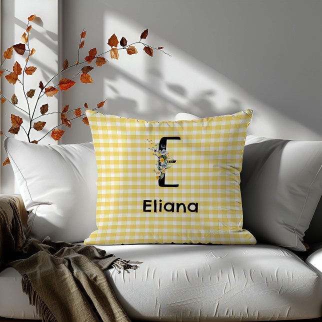 Monogram initial vattenfärg blomma gingham mönster kudde (Skapare uppladdad)