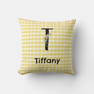 Monogram initial vattenfärg blomma gingham mönster kudde