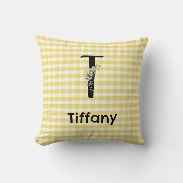 Monogram initial vattenfärg blomma gingham mönster kudde (Framsida)
