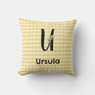 Monogram initial vattenfärg blomma gingham mönster kudde