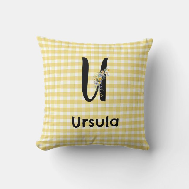 Monogram initial vattenfärg blomma gingham mönster kudde (Framsida)