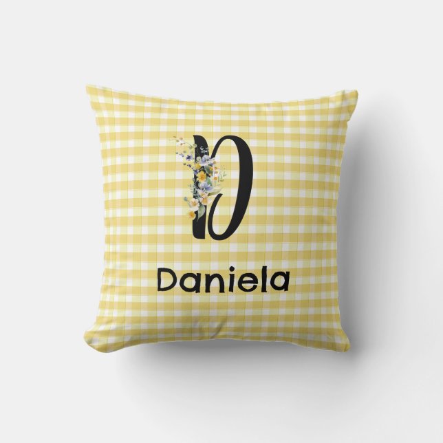Monogram initial vattenfärgsblomma gingham mönster kudde (Framsida)