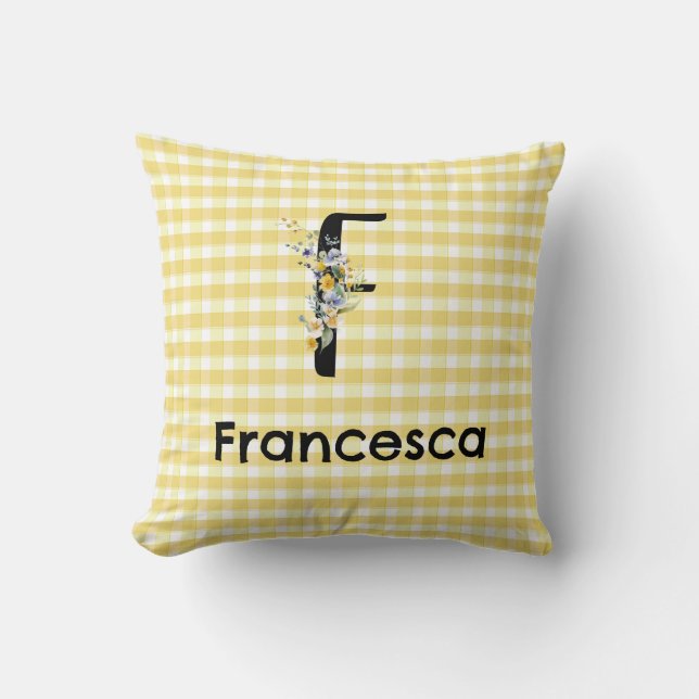 Monogram initial vattenfärgsblomma gingham mönster kudde (Framsida)